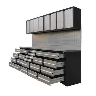 TMG Industrial Pro Series 10-FT 20 Drawer Stainless Steel Workbench Cabinet Combo, Stainless Steel Tabletop, Pegboard and Drawer Fronts, 20 Lockable Drawers, Wall-Mounted Cabinets, Adjustable Shelving, Fully All-in-one Welded Frame, TMG-WBC20DS