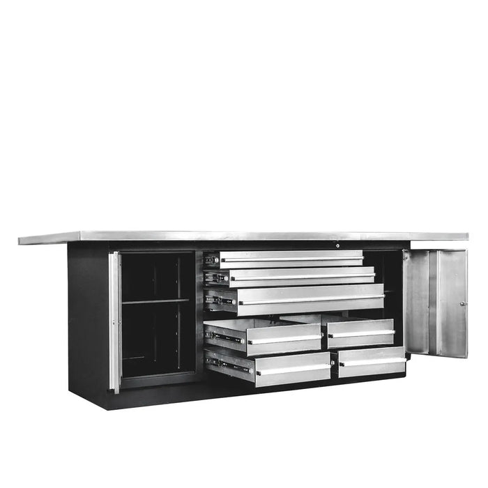 TMG Industrial Pro Series Stainless-Steel Extra-Large 85” x 45” Platform Workbench, 7 Lockable Drawers, 2 Storage Cabinets, All-in-One Welded Frame, TMG-WB708S (Previously TMG-WB85XS)