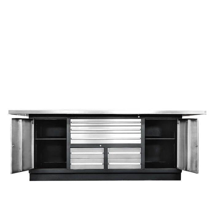 TMG Industrial Pro Series Stainless-Steel Extra-Large 85” x 45” Platform Workbench, 7 Lockable Drawers, 2 Storage Cabinets, All-in-One Welded Frame, TMG-WB708S (Previously TMG-WB85XS)