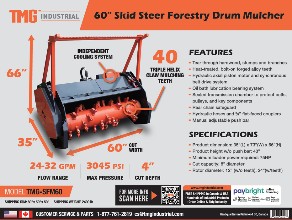 TMG Industrial 60” Skid Steer Forestry Drum Mulcher, Forged Alloy Teeth, Cooling System w/Radiator, 75 HP Skid Steers, TMG-SFM60