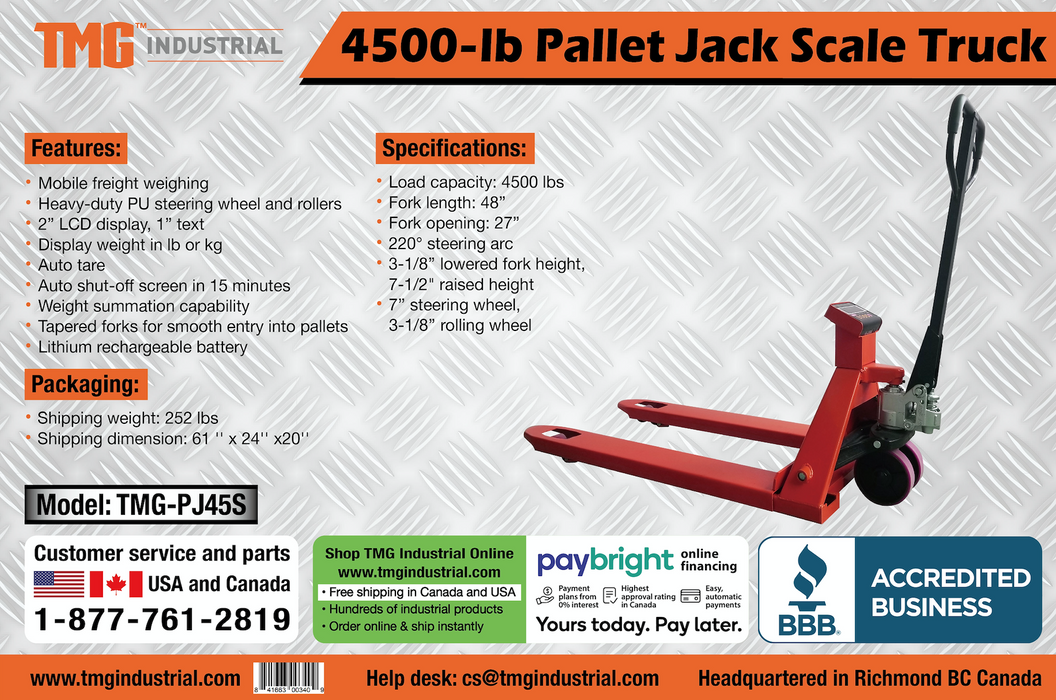 TMG Industrial 4500-lb Truck Scale Pallet Jack, 2” LCD, Lb/Kg Switchable, 220° Steering Arc, Poly Wheels & Rollers, 48”  Forks, TMG-PJ45S