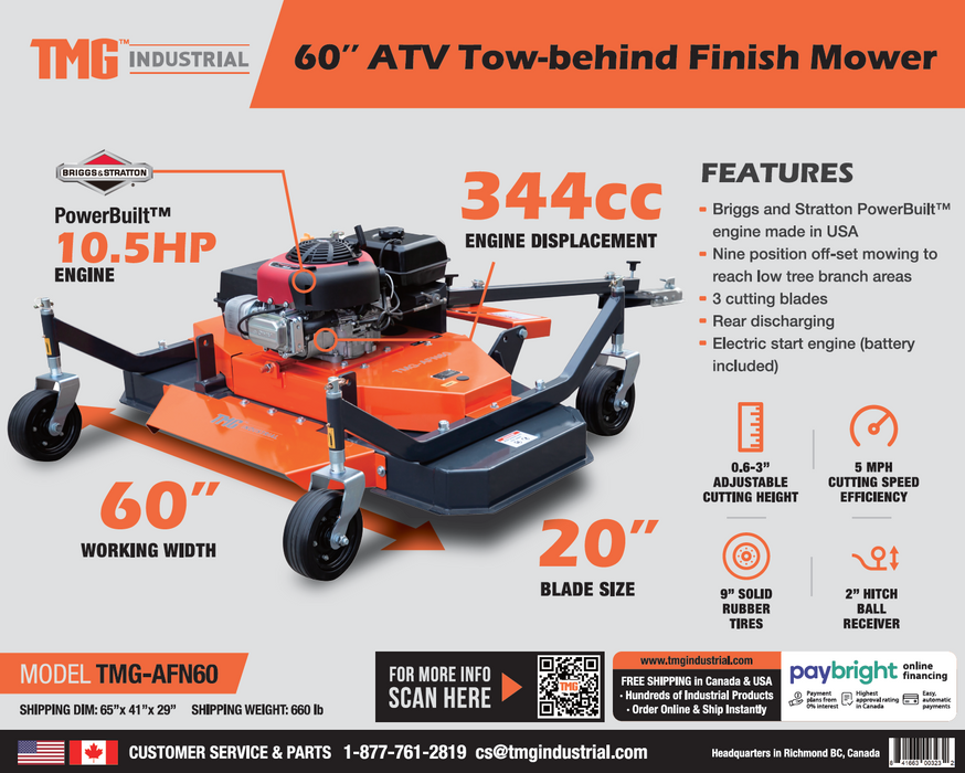 TMG Industrial 60” ATV Tow-Behind Finish Mower, Briggs & Stratton PowerBuilt™ 10.5 HP Engine, TMG-AFN60