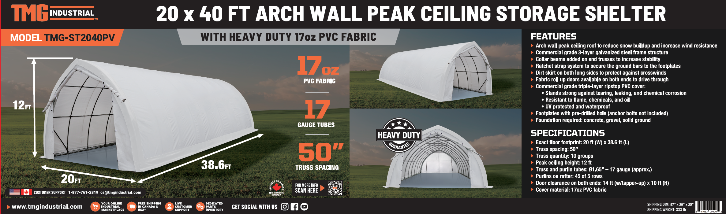 TMG Industrial 20' x 40' Arch Wall Peak Ceiling Storage Shelter with Heavy Duty 17 oz PVC Cover & Drive Through Doors, TMG-ST2041PV(Previously(ST2040PV)
