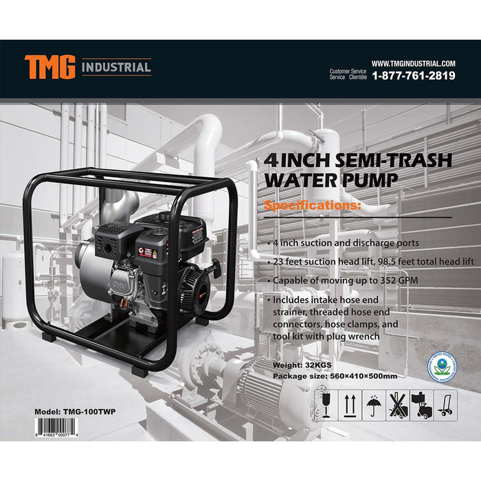 TMG-100TWP 352 GPM 4" Semi-Trash Water Pump with 7.5 HP Gas Engine
