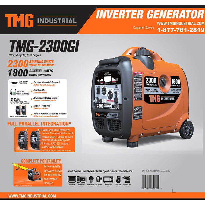 TMG Industrial 2300 Watt Digital Inverter Gasoline Generator, 79 cc OHV Engine, 6.5 Hour Run Time, 120/240 VAC, Telescopic Pull Handle, Parallel Cable Kit, TMG-2300GI