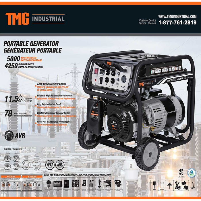 TMG-5000G 5000-Watt Gasoline Generator, 223cc OHV Engine, 11.5 Running Time, 120/240VAC