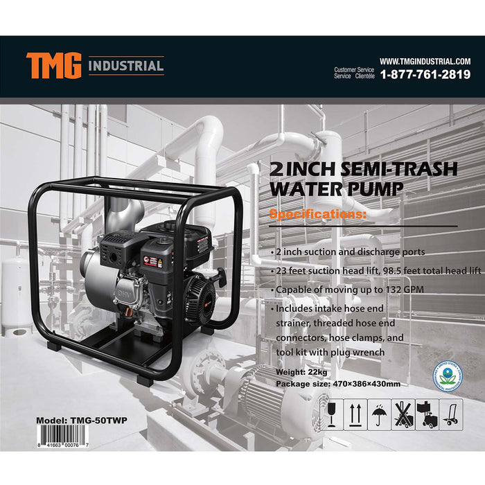 TMG-50TWP 132 GPM 2" Semi-Trash Water Pump with 6.5 HP Gas Engine