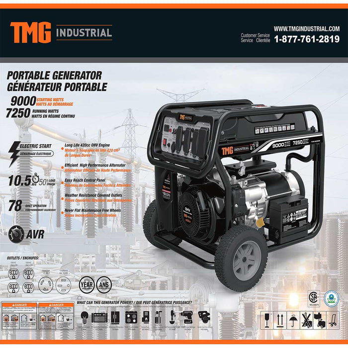 TMG-9000GE 9000-Watt Gasoline Generator, Electric Start, 10.5 Hour Run Time, 120/240VAC