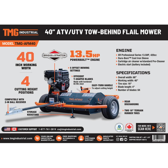TMG Industrial 40” ATV Tow-Behind Offset Flail Mower, Briggs & Stratton 13.5 HP Engine, Adjustable Mowing Height, 15” Cut Capacity, TMG-AFM40