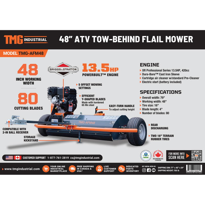 TMG Industrial 48” ATV Tow-Behind Offset Flail Mower, Briggs & Stratton 13.5 HP Engine, Adjustable Mowing Height, 15” Cut Capacity, TMG-AFM48
