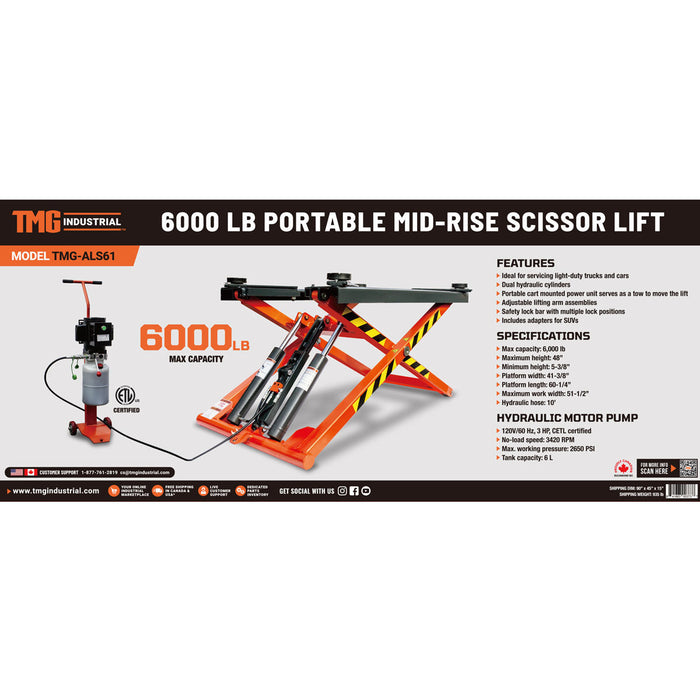 TMG Industrial Mid-Rise Portable Automotive Scissor Lift, 6000 lb Lift Capacity, 48” Lift Height, Single-Point Lock Release, TMG-ALS61