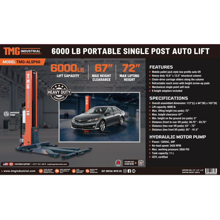 TMG-ALSP60 6000 LB Portable Single Post Auto Lift, 72'' Lifting Height, Low Profile Jack, CETL certified Pump