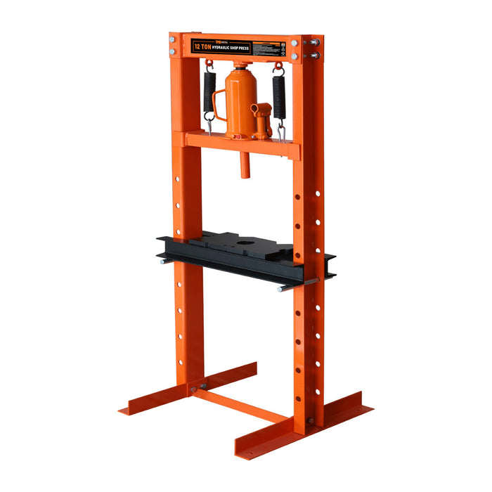 TMG Industrial 12 Ton Capacity Hydraulic Shop Press, H-Frame, Hand Crank Bottle Jack Pressing, 8 Bed Height Positions, TMG-ASP12