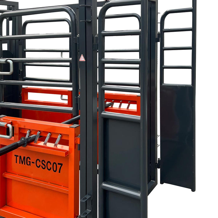 TMG Industrial 7’ Cattle Work Chute, Side Exit w/Release Lever, Upper/Lower Swing Openings, TMG-CSC07