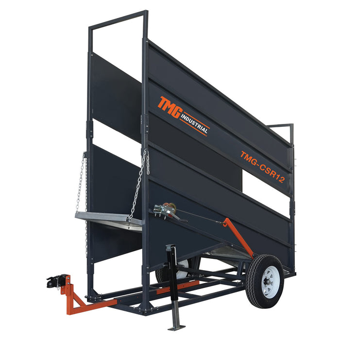 TMG Industrial 12’ Portable Cattle Loading Ramp, 2600-lb Chassis Capacity, 10,000 lb Hitch Capacity, Rib-Checkered Floor, TMG-CSR12