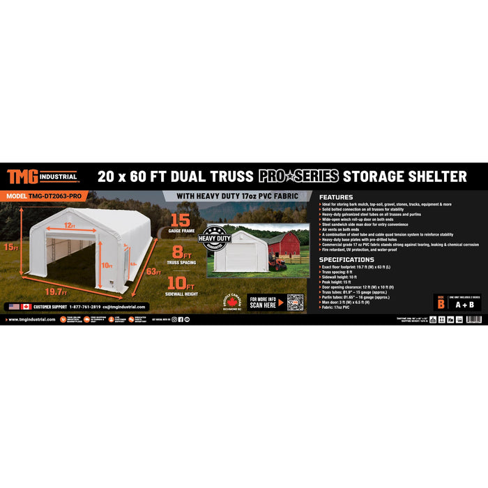 TMG Industrial Pro Series 20' x 63' Dual Truss Storage Shelter with Heavy Duty 17 oz PVC Cover & Drive Through Doors, TMG-DT2064-PRO