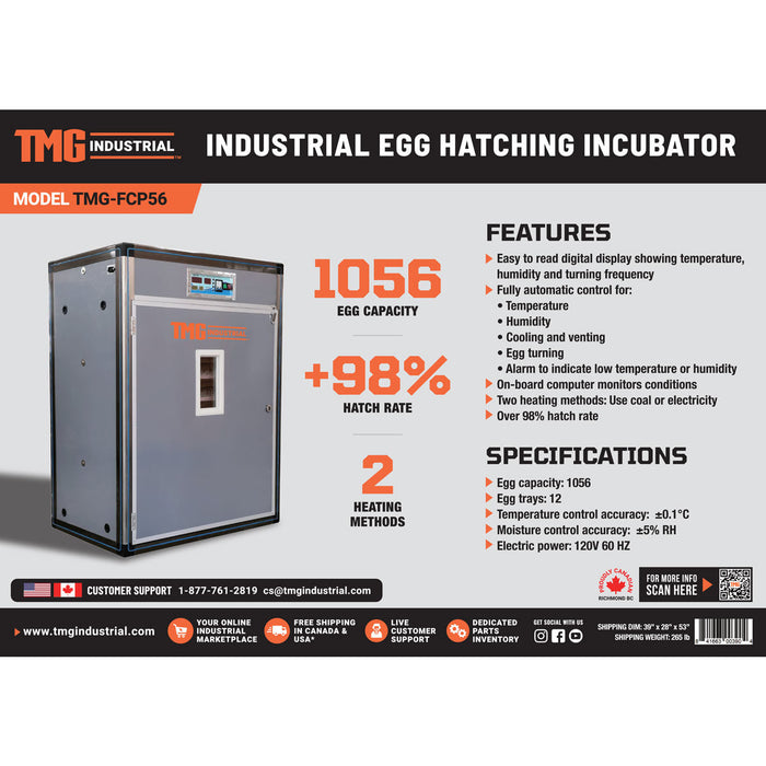 TMG-FCP56 Commercial Grade Large Capacity Egg Hatching Incubator, up to 1056 Eggs, Auto Control, 98% Hatching Rate, 12 Egg Trays