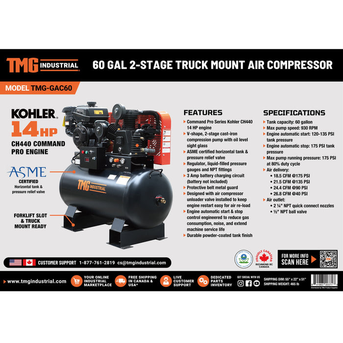 TMG Industrial 60 Gallon 2-Stage Truck Mounted Air Compressor, 14 HP Kohler Command Pro Engine, Horizontal Tank, 18.5 CFM @ 175 PSI, TMG-GAC60
