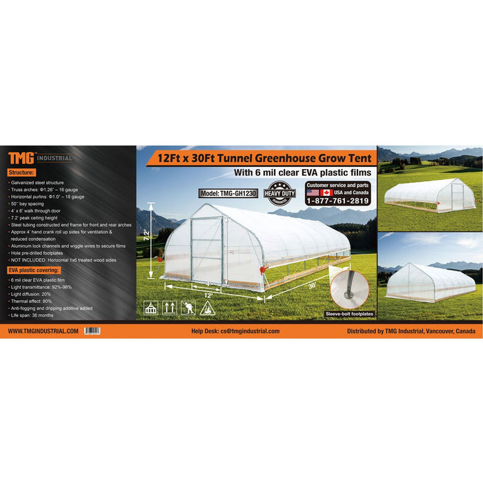 TMG Industrial 12’ x 30’ Tunnel Greenhouse Grow Tent w/6 Mil Clear EVA Plastic Film, Cold Frame, Hand Crank Roll-Up Sides, Peak Ceiling Roof, TMG-GH1230