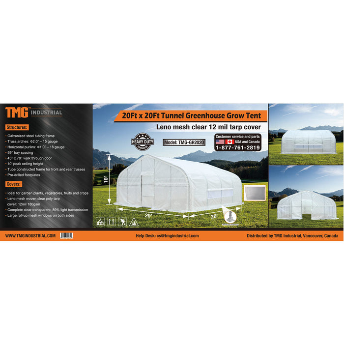 TMG Industrial 20’ x 20’ Tunnel Greenhouse Grow Tent w/12 Mil Ripstop Leno Mesh Cover, Cold Frame, Roll-up Windows, Peak Ceiling Roof, TMG-GH2020