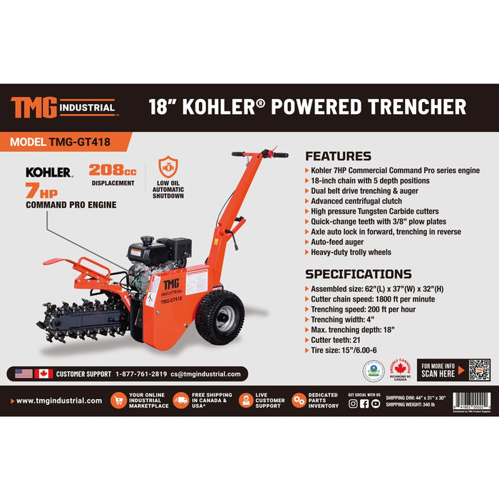 TMG Industrial 18” Kohler Powered Trenching Machine, 4” Trench Width, 18” Trench Depth, 7 HP Gasoline Engine, Auto-Feed Auger, TMG-GT418