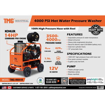 TMG Industrial 4000 PSI Hot Water Pressure Washer with 85' Hose Reel, — TMG  Industrial USA