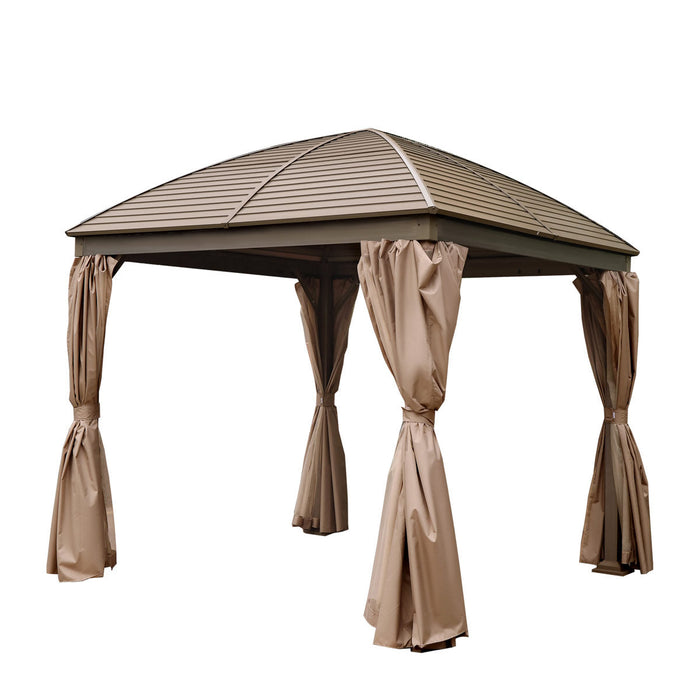 TMG Industrial 10’ x 10’ Hardtop Curved Steel Roof Patio Gazebo, Mosquito Nets & Curtains Included, TMG-LGZ10