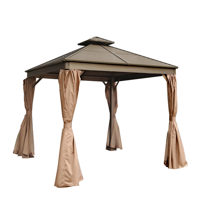 TMG Industrial 10’ x 10’ Hardtop, Double Tier Steel Roof Patio Gazebo, Mosquito Nets & Curtains Included, TMG-LGZ11