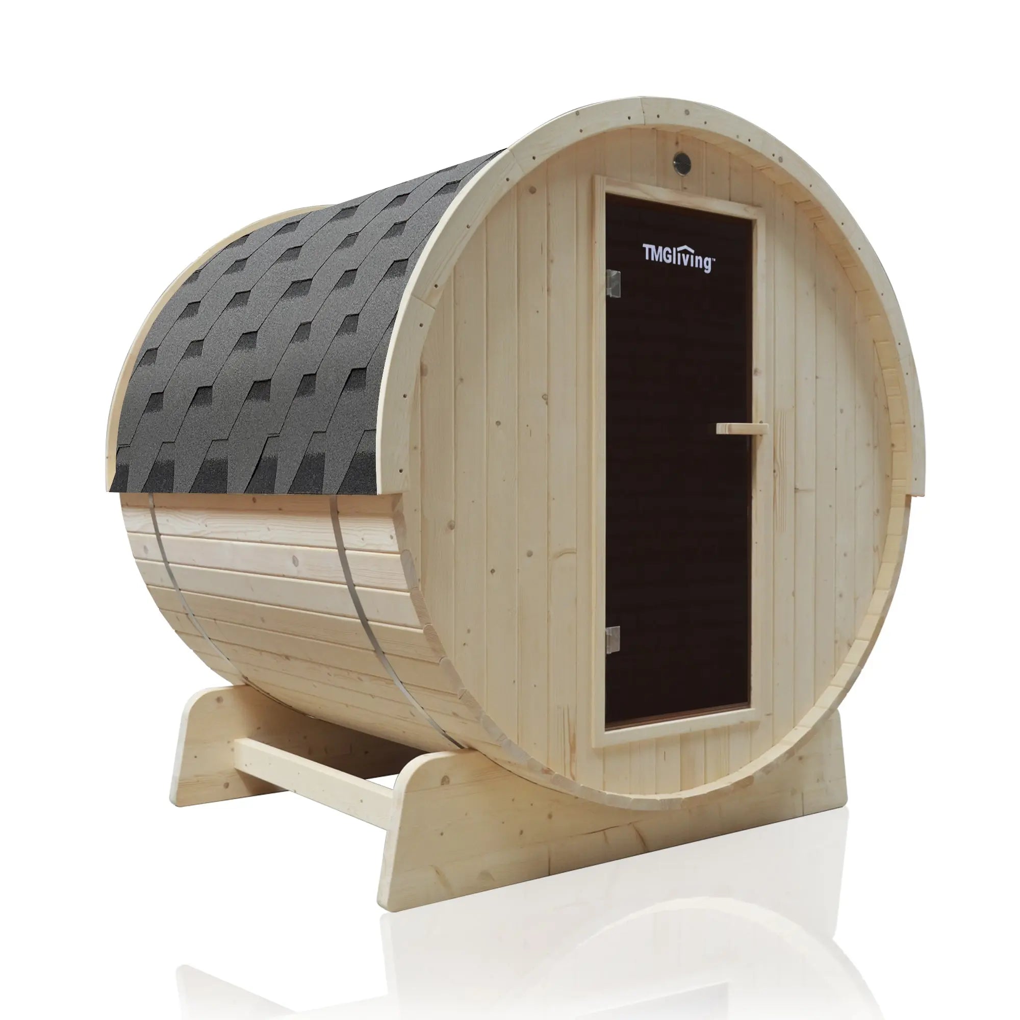 TMG White Pine Outdoor Sauna, 3-Person Barrel Design, Glass Door