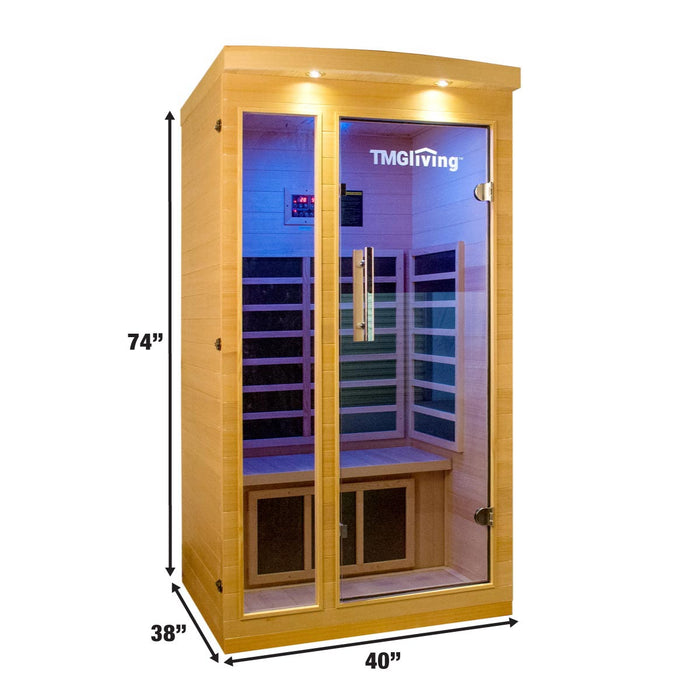 TMG LIVING One Person Indoor Infrared Sauna Room, Natural Canadian Hemlock, Bluetooth Speakers, Tempered Glass Door, TMG-LSN10