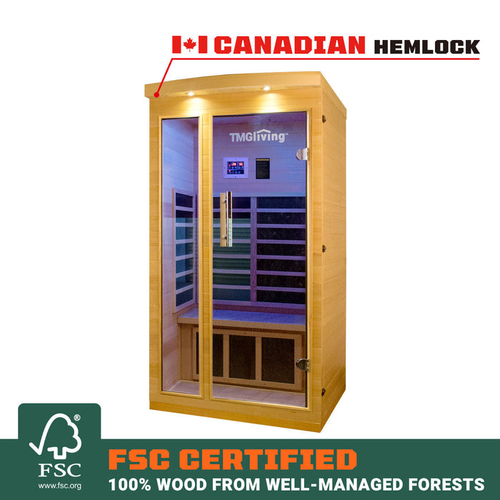 TMG LIVING 1-2 Person Indoor FAR Infrared Room, Natural Canadian Hemlock, Bluetooth Speakers, Tempered Glass Door, TMG-LSN10