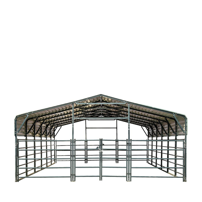 TMG Industrial 20’ x 30’ Livestock Corral Panel Metal Shed, 7’ Sidewall Height, 5’ Corral Panel Height, 600 Sq-Ft, 27 GA Corrugated Panels, TMG-MS2030LC