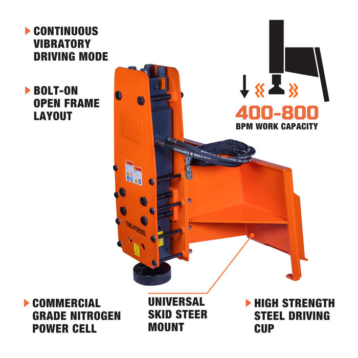 TMG Industrial Skid Steer Post Pounder, 10” Post Diameter, 580 Ft-lb Energy Class, 400-800 BPM Pounding Rate, TMG-PD950S
