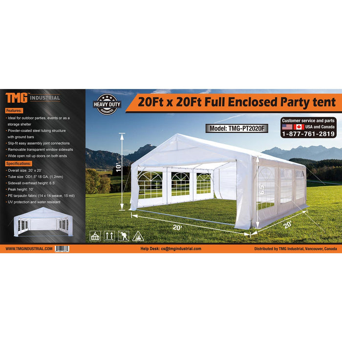 TMG Industrial 20' x 20' Heavy Duty Outdoor Party Tent with Removable Sidewalls and Roll-Up Doors, 11 oz PE Cover, 6’6” Overhead, 10’ Peak Ceiling, TMG-PT2020F