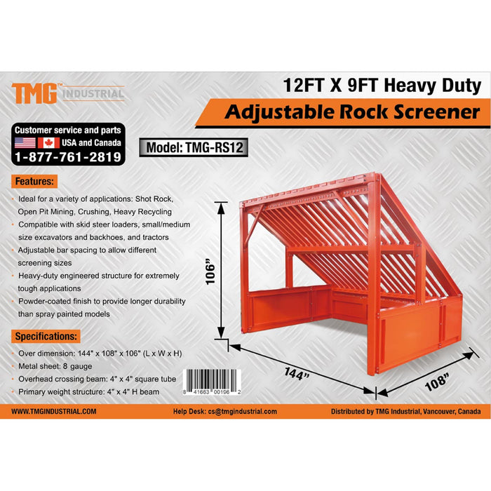 TMG Industrial 12’ Heavy Duty Static Grizzly Rock Screen, Adjustable Bolt-On Deck Bars, 4” x 4” I-Beams, 5000 lb Load Capacity, TMG-RS12
