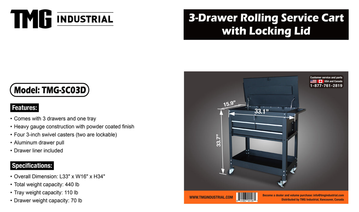 TMG-SC03D 3-Drawer Rolling Service Cart with Locking Lid