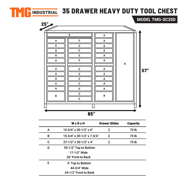 TMG-SC35D 35 Drawer 85'' Tool Storage Chest for Workshops and Garages