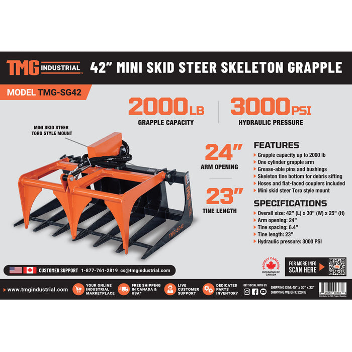 TMG Industrial 42” Mini Skid Steer Skeleton Grapple Attachment, Toro Style Mount, 24” Arm Opening, 2000 lb Weight Capacity, TMG-SG42