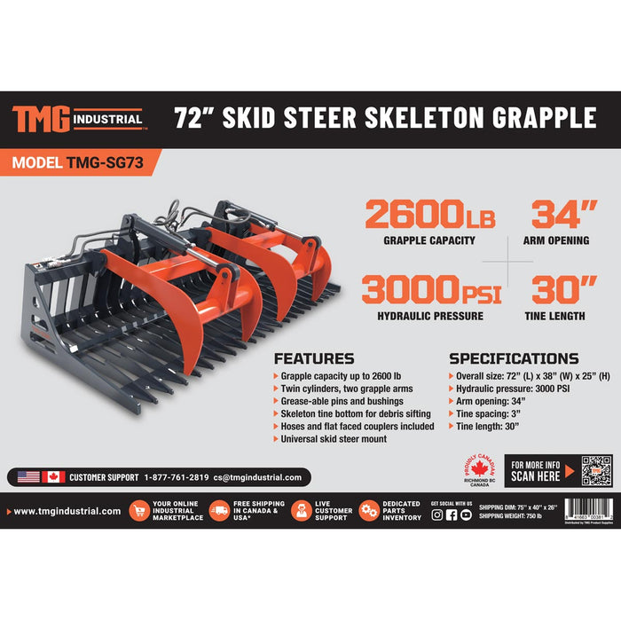 TMG Industrial 72” Skid Steer Skeleton Grapple Attachment, Universal Mount, 34” Arm Opening, 3” Tine Spacing, 2600 lb Weight Capacity, TMG-SG73