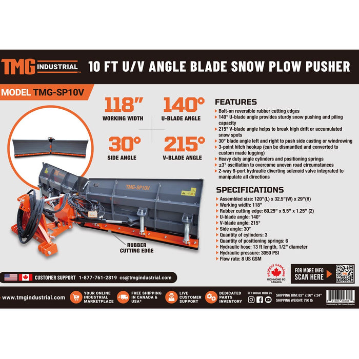 TMG Industrial 10’ U/V Angle Blade Snowplow, Reversible Rubber Edges, 6 Positions, Category 1 & 2 Hookups, 3-Point Hitch, 40-90 HP Tractors, TMG-SP10V