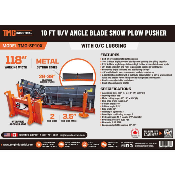 TMG Industrial 10’ U/V Angle Blade Snowplow, Metal Edges, 6 Positions, Accumulator & Solenoid Valve, Quick-Change Lugging, 40-90 HP Tractors, TMG-SP10X