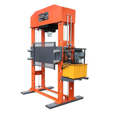 TMG Industrial 150 Ton Capacity Hydraulic Shop Press, Heavy Duty Pressing,  Protective Grid Guard, Fully Welded H-Frame, Air & Manual Dual Operation