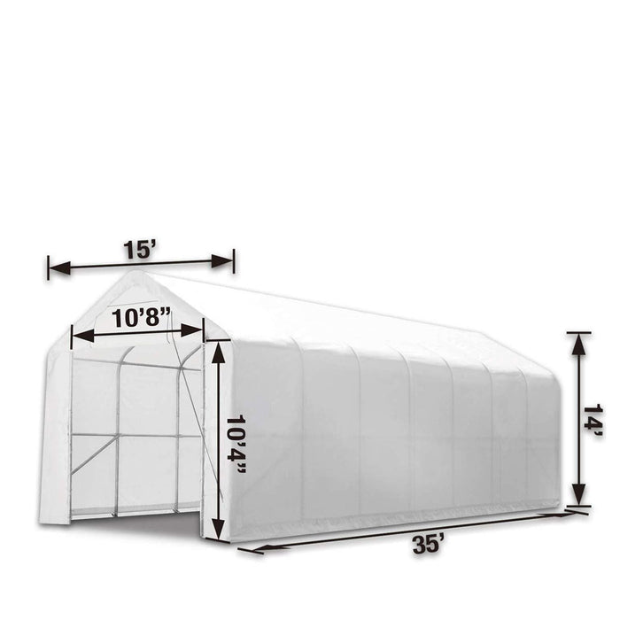 TMG Industrial 15’ x 35’ RV/Motorhome Storage Shelter, 17 oz PVC Fabric Cover, Front Roll-Up Door, Enclosed Rear Wall, 3-Layer Galvanized Steel Frame, 10’ Straight Sidewalls, TMG-ST1535