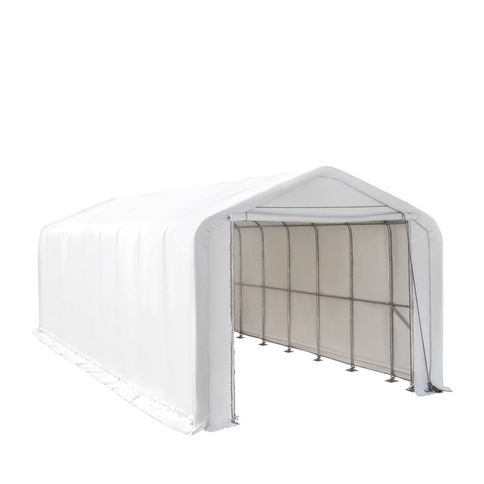 TMG Industrial 18’ x 45’ RV/Motorhome Storage Shelter, 17 oz PVC Fabric Cover, Front Roll-Up Door, Enclosed Rear Wall, 3-Layer Galvanized Steel Frame, 13’ Straight Sidewalls, TMG-ST1845