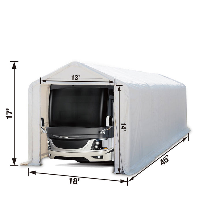 TMG Industrial 18’ x 45’ RV/Motorhome Storage Shelter, 17 oz PVC Fabric Cover, Front Roll-Up Door, Enclosed Rear Wall, 3-Layer Galvanized Steel Frame, 13’ Straight Sidewalls, TMG-ST1845