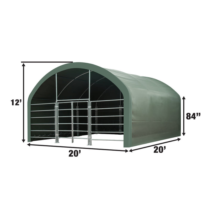TMG Industrial 20’ x 20’ Livestock Corral Shelter, Powder Coated Structure, 12’ Dome Roof, 17 oz Military Green PVC Fabric Covering, 6-Bar Corral Panels, 5’ Front Swing Gate, TMG-ST2020L