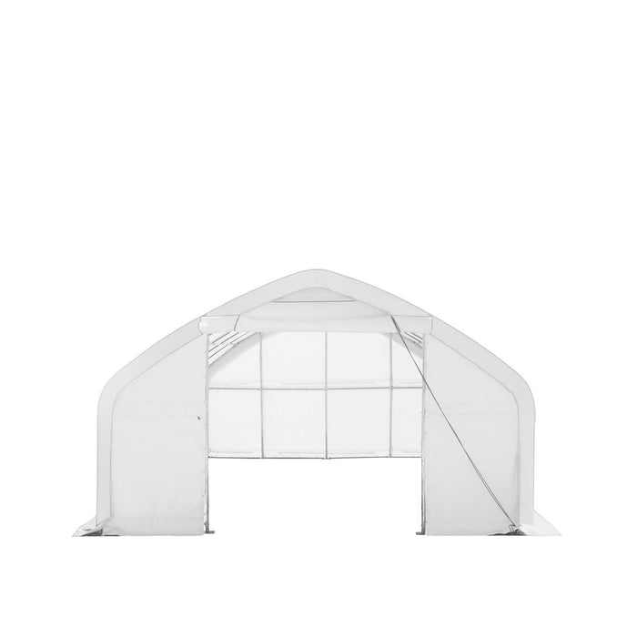 TMG Industrial 20' x 30' Straight Wall Peak Ceiling Storage Shelter with Heavy Duty 11 oz PE Cover & Drive Through Door, TMG-ST2031E