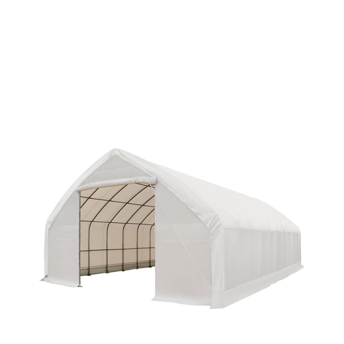 TMG Industrial 30' x 50' Straight Wall Peak Ceiling Storage Shelter with Heavy Duty 17 oz PVC Cover & Drive Through Doors, TMG-ST3050V