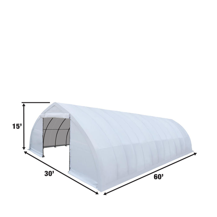 TMG Industrial 30' x 60' Peak Ceiling Storage Shelter with Heavy Duty 17 oz PVC Cover & Drive Through Doors, TMG-ST3060V