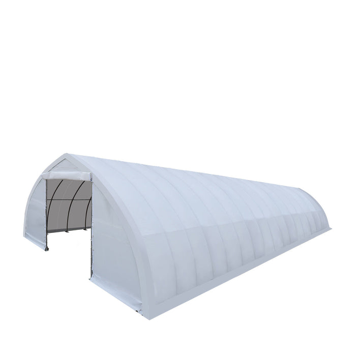 TMG Industrial 30' x 80' Peak Ceiling Storage Shelter with Heavy Duty 17 oz PVC Cover & Drive Through Doors, TMG-ST3080V